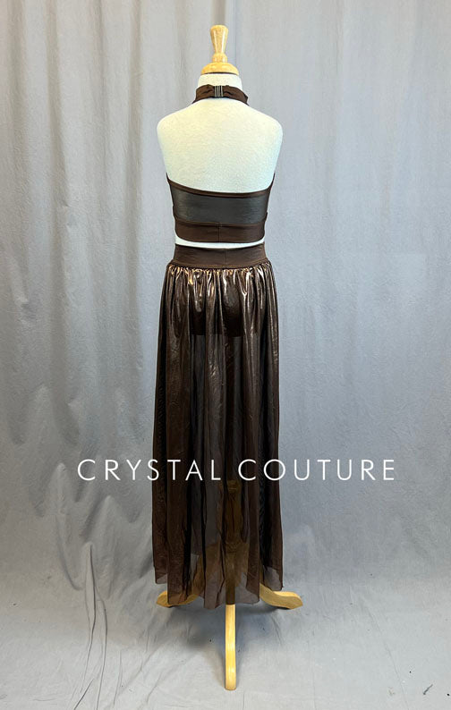 Custom Brown Halter Two Piece with Long Metallic Skirt