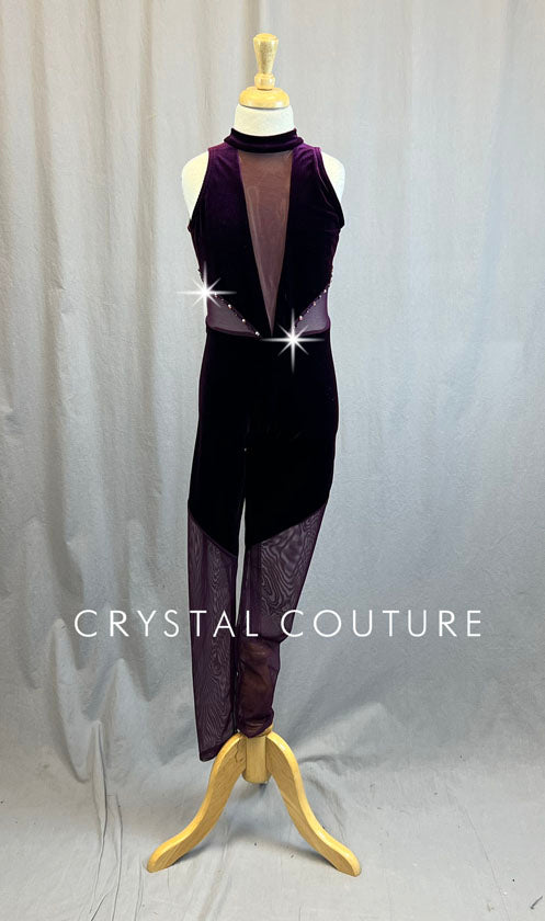 Plum Velvet Unitard with Mesh Insets - Rhinestones