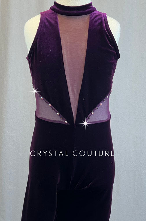 Plum Velvet Unitard with Mesh Insets - Rhinestones
