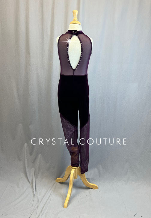 Plum Velvet Unitard with Mesh Insets - Rhinestones