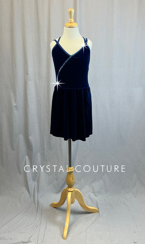 Navy Blue Camisole Dress with Mesh Hem - Rhinestones