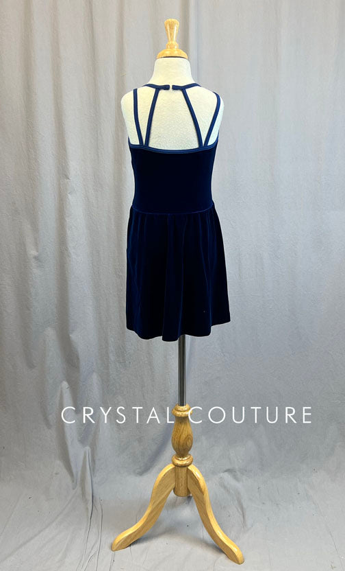 Navy Blue Velvet Mock Wrap Dress - Rhinestones