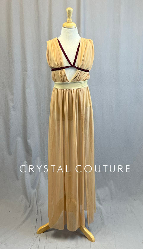 Custom Nude V Neck Dress with Maroon Strapping Crystal Couture Custom Nude V Neck Dress with Maroon Strapping Crystal Couture