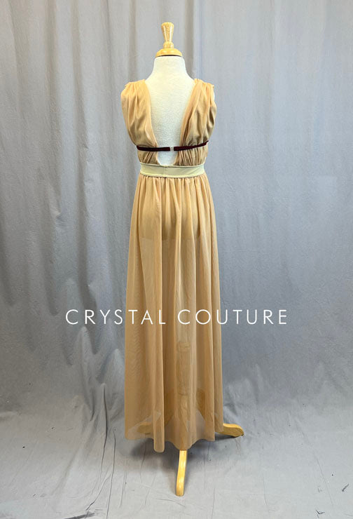 Custom Nude V Neck Dress with Maroon Strapping