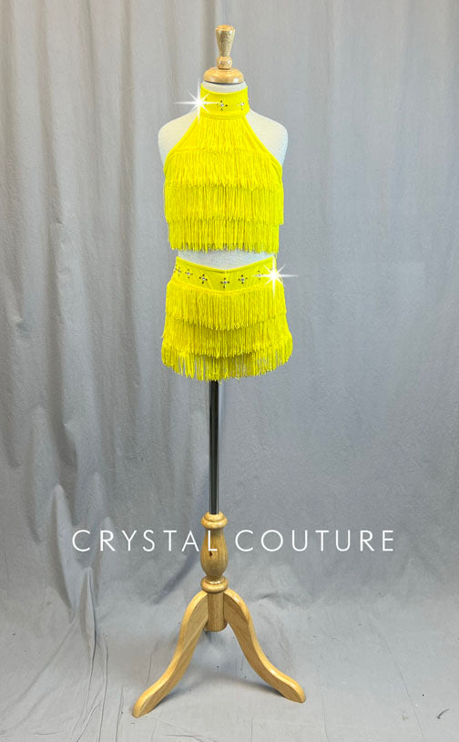 Yellow Mock Neck Fringe Two Piece - Rhinestones