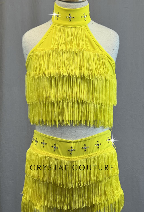 Yellow Mock Neck Fringe Two Piece - Rhinestones