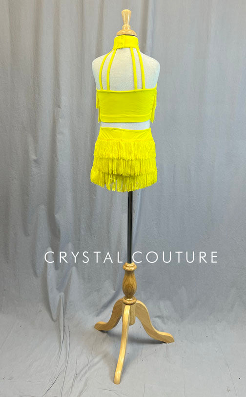 Yellow Mock Neck Fringe Two Piece - Rhinestones