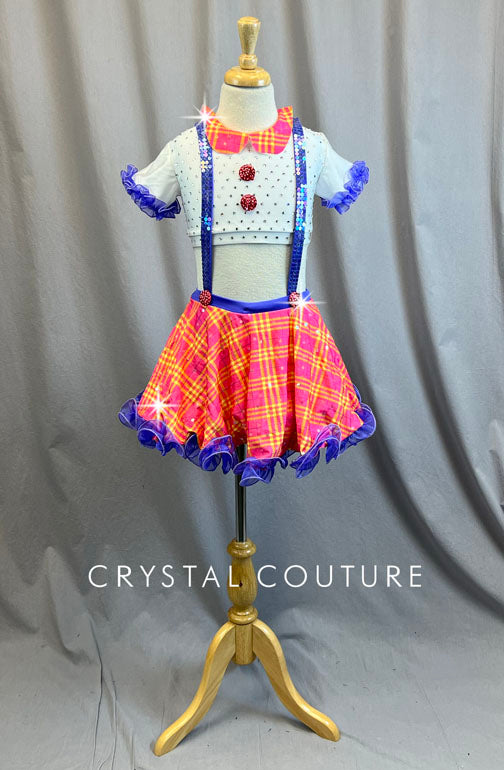 Custom White Cropped Top with Pink and Yellow Plaid Suspender Skirt - Rhinestones