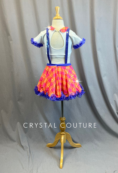 Custom White Cropped Top with Pink and Yellow Plaid Suspender Skirt - Rhinestones