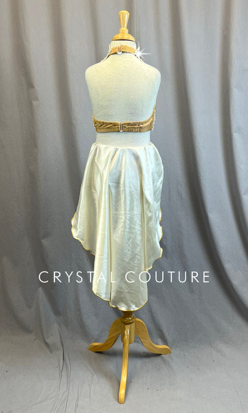 Custom Tan Two Piece with White Appliques and Back Skirt - Rhinestones