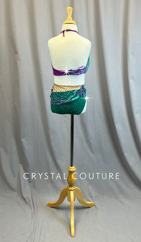Purple and Green Mermaid Inspired Two Piece with Appliques and Netting - Rhinestones