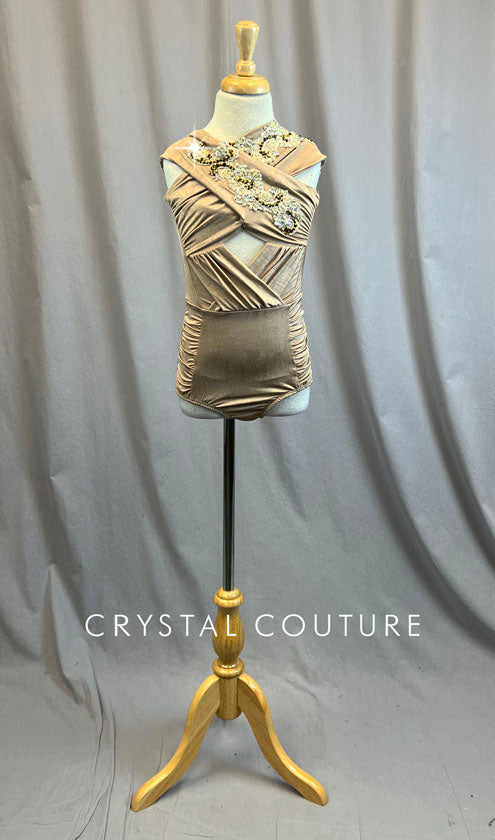 Nude Cross Front Ruched Leotard with Appliques - Rhinestones