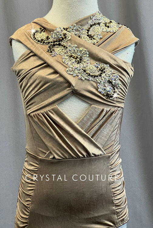 Nude Cross Front Ruched Leotard with Appliques - Rhinestones