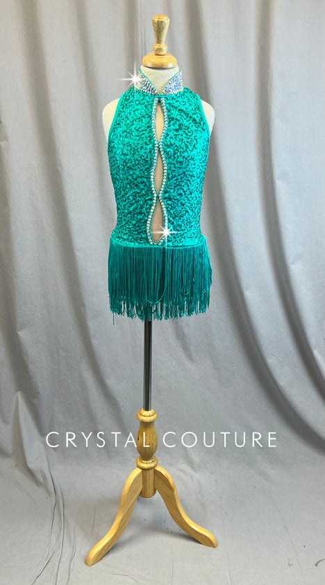 Green Zsa Zsa Leotard with Fringe Skirt and Stand Collar - Rhinestones