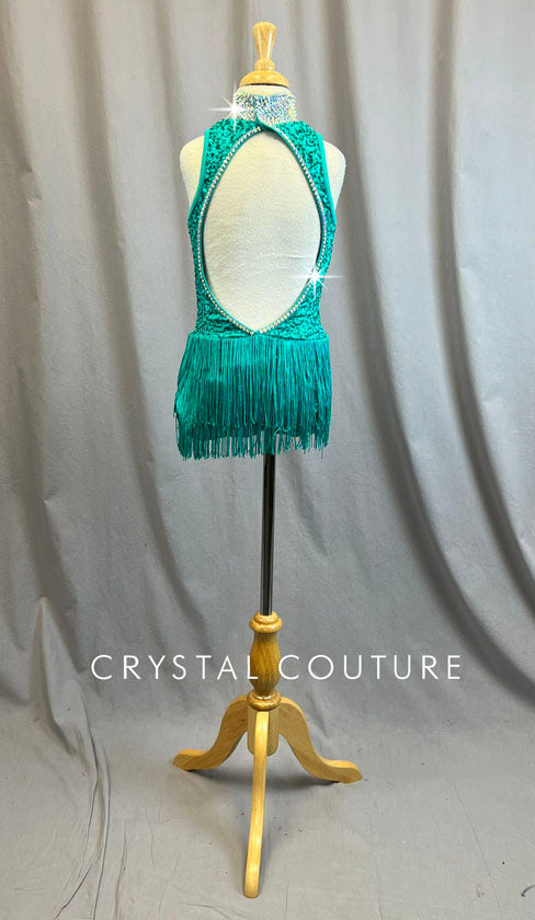 Green Zsa Zsa Leotard with Fringe Skirt and Stand Collar - Rhinestones
