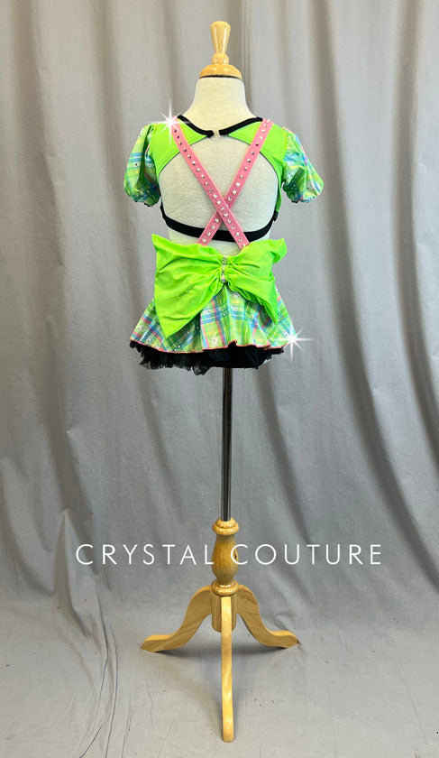 Custom Neon Green Puff Sleeve Crop Top with Plaid Jumper Skirt - Rhinestones