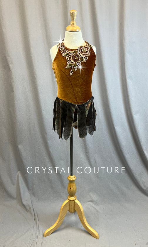 Custom Brown Velour Leotard with Mesh Strip Skirt and Appliques - Rhinestones