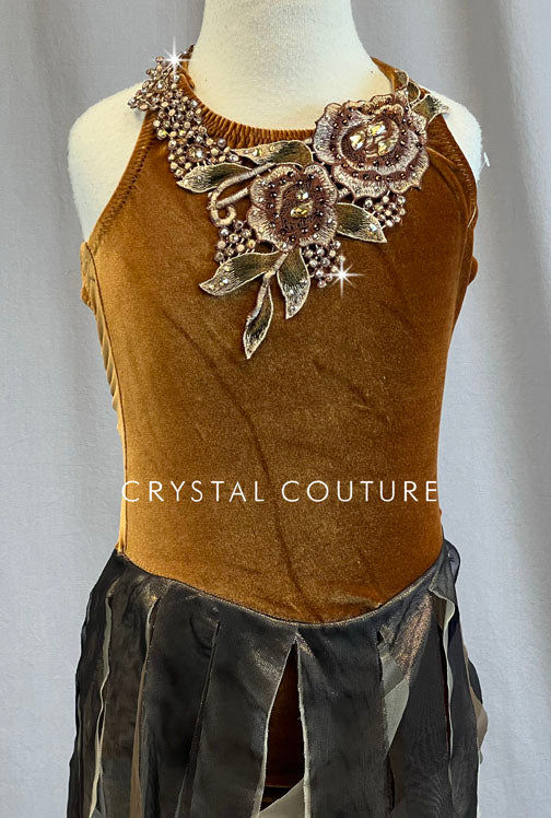 Custom Brown Velour Leotard with Mesh Strip Skirt and Appliques - Rhinestones