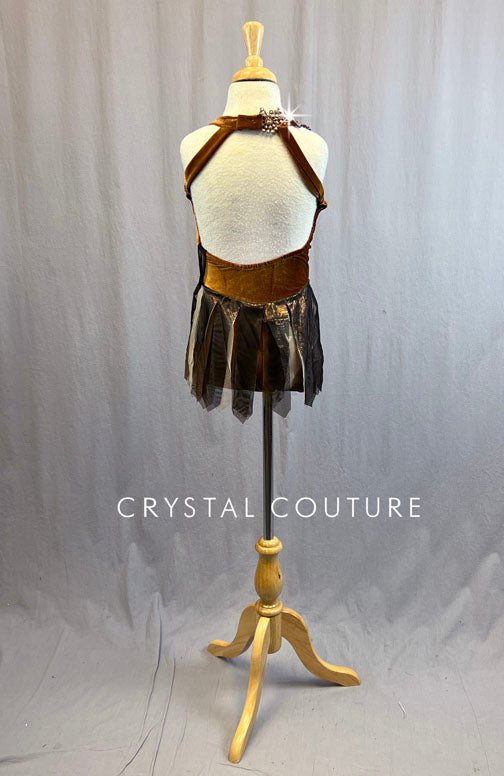 Custom Brown Velour Leotard with Mesh Strip Skirt and Appliques - Rhinestones