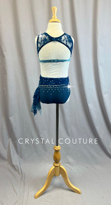 Custom Dark and Light Blue Lace Two Piece with Hip Drape - Rhinestones