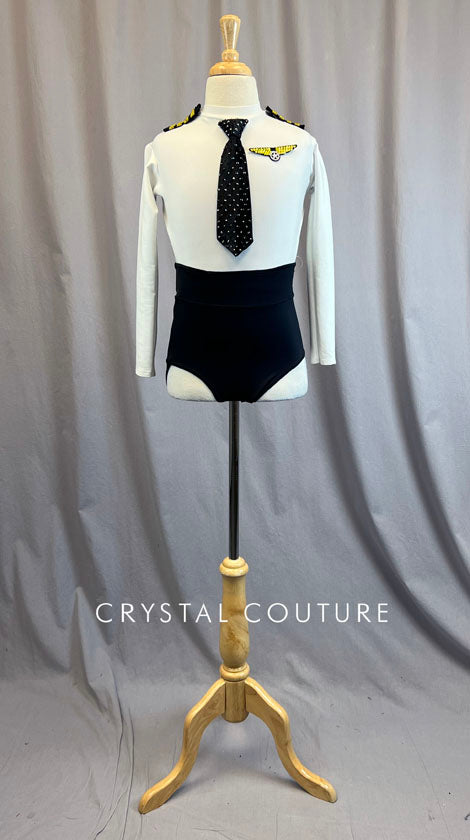 Custom White and Black Flight Attendant Inspired Leotard with Strappy Back - Rhinestones