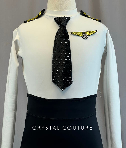 Custom White and Black Flight Attendant Inspired Leotard with Strappy Back - Rhinestones