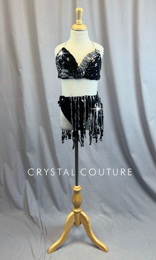 Custom Black and Silver Sequined Two Piece with Lace Strip Skirt Rhinestones