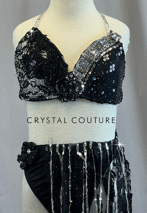 Custom Black and Silver Sequined Two Piece with Lace Strip Skirt - Rhinestones