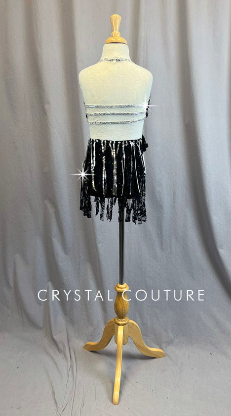 Custom Black and Silver Sequined Two Piece with Lace Strip Skirt - Rhinestones
