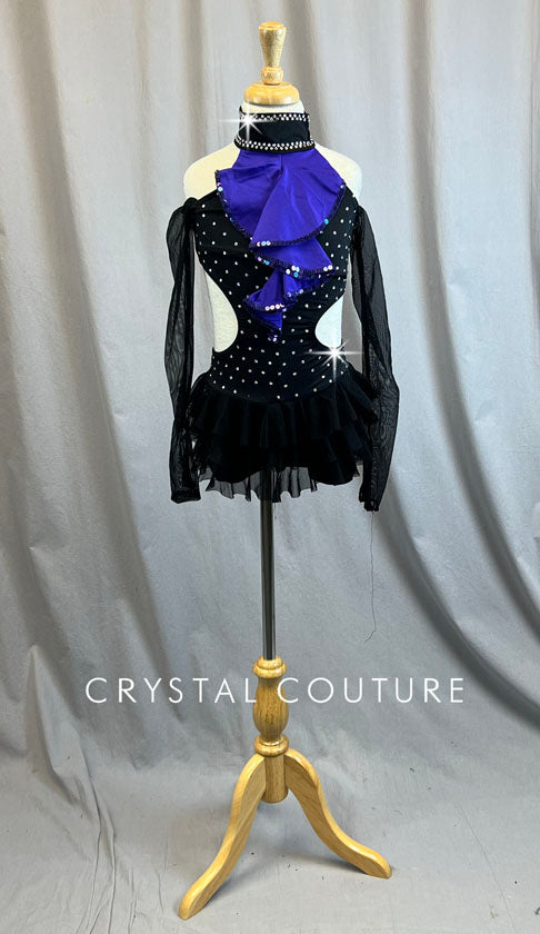Black Side Cutout Leotard with Ruffle Neck Detail - Rhinestones