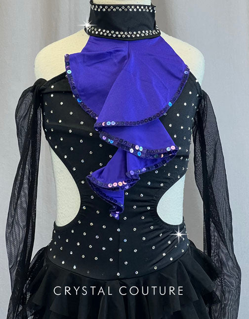 Black Side Cutout Leotard with Ruffle Neck Detail - Rhinestones
