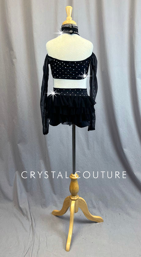 Black Side Cutout Leotard with Ruffle Neck Detail - Rhinestones