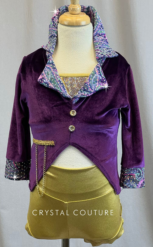 Metallic Gold Two Piece Trunk with Purple Velour Collared Jacket - Rhinestones