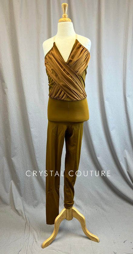 Custom Brown Sleeveless Unitard with Ruched Bodice