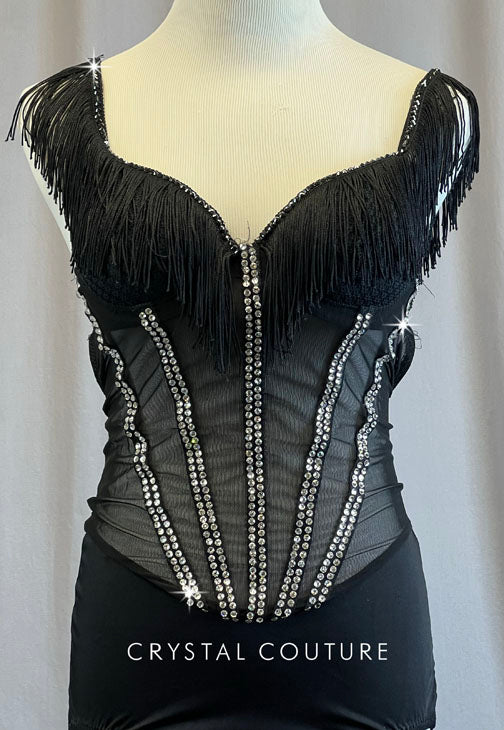 Custom Black Leotard with Fringed Neckline - Rhinestones