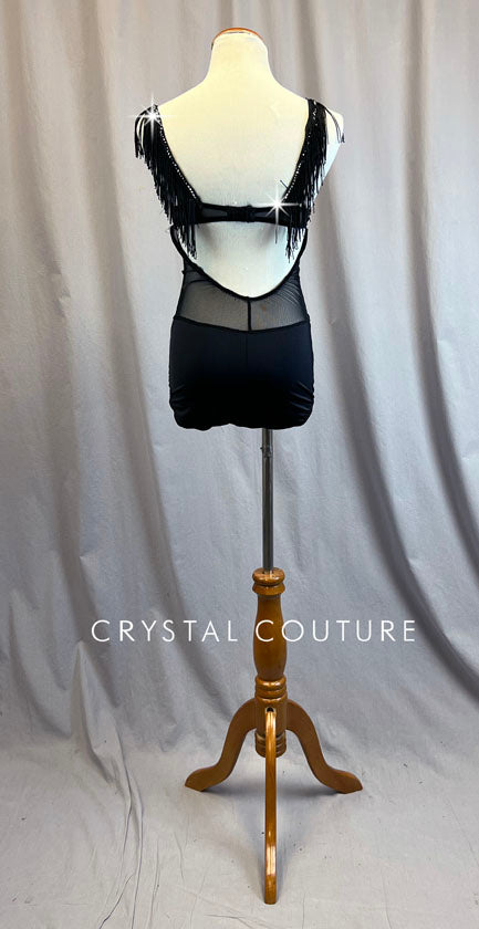 Custom Black Leotard with Fringed Neckline - Rhinestones