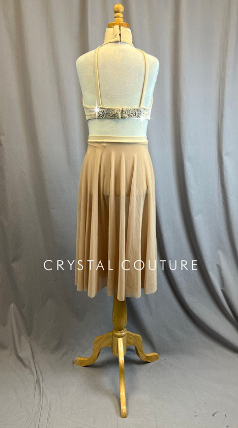 Custom Champagne Halter Two Piece with Mid Length Skirt - Rhinestones