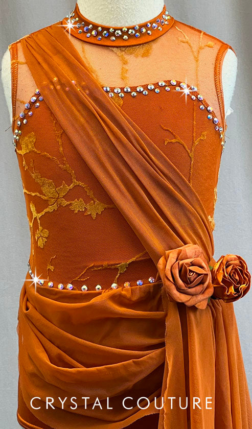 Burnt Orange Mock Neck Leotard with Mesh Draping and Side Skirt - Rhinestones