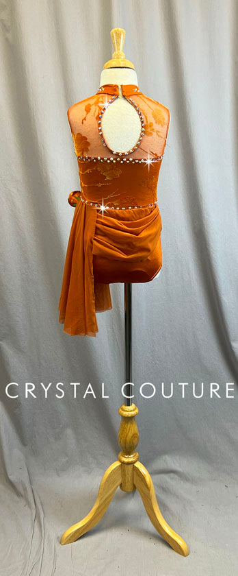 Burnt Orange Mock Neck Leotard with Mesh Draping and Side Skirt - Rhinestones