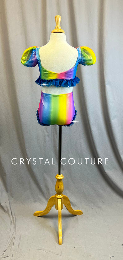 Rainbow High Waisted Two Piece with Puff Sleeves - Rhinestones