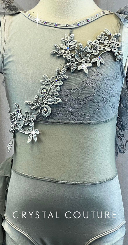 Custom Light Grey Leotard with Mesh and Lace Detailing - Rhinestones