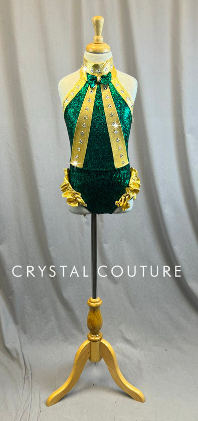 Custom Holographic Green and Gold Halter Leotard - Rhinestones