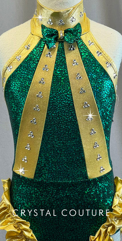 Custom Holographic Green and Gold Halter Leotard - Rhinestones