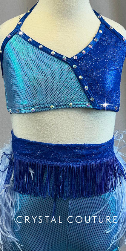 Custom Shimmer Light Blue and Dark Blue Halter Two Piece with Light Blue Ostrich Feathers - Rhinestones