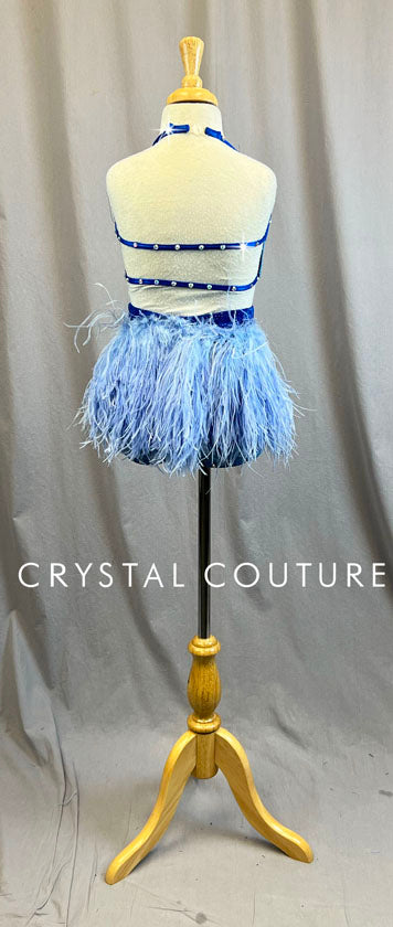 Custom Shimmer Light Blue and Dark Blue Halter Two Piece with Light Blue Ostrich Feathers - Rhinestones