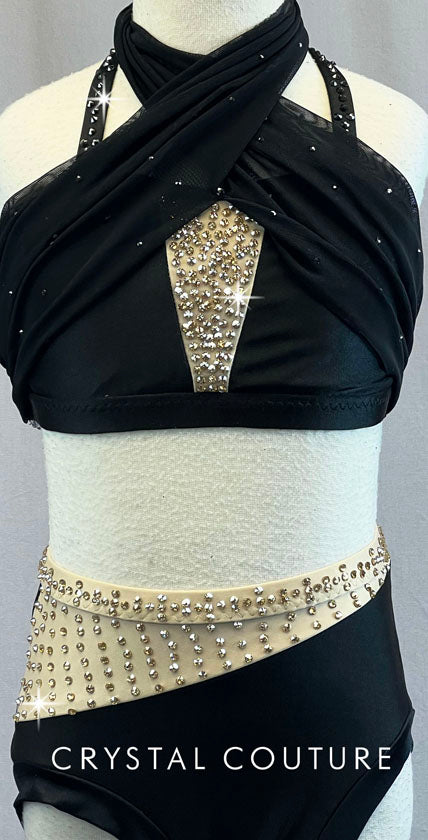 Custom Black and Nude Halter Two Piece- Swarovski Rhinestones