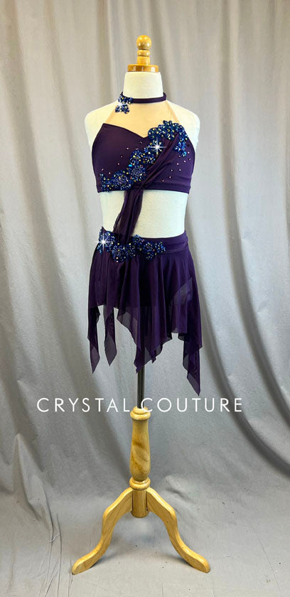 Custom Connected Dark Purple Halter Two Piece with Asymmetrical Skirt - Rhinestones