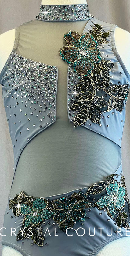 Stunning Light Grey Mock Neck Leotard with Appliques - Rhinestones