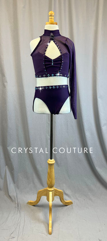 Custom Dark Purple One Sleeve High Waisted Two Piece - Rhinestones