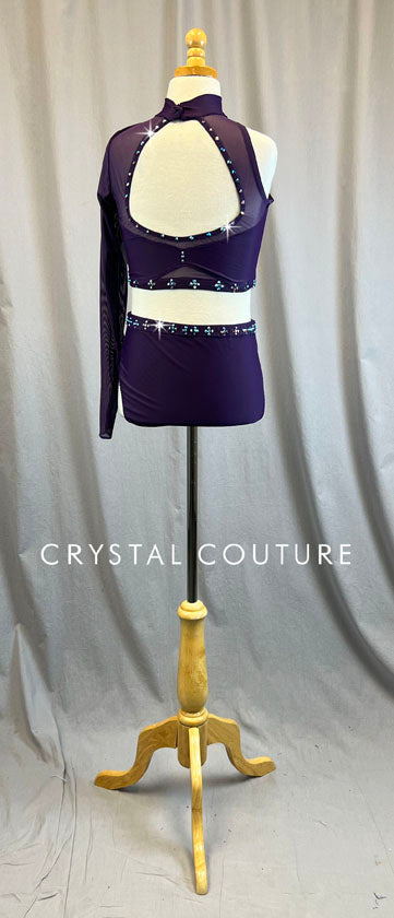 Custom Dark Purple One Sleeve High Waisted Two Piece - Rhinestones